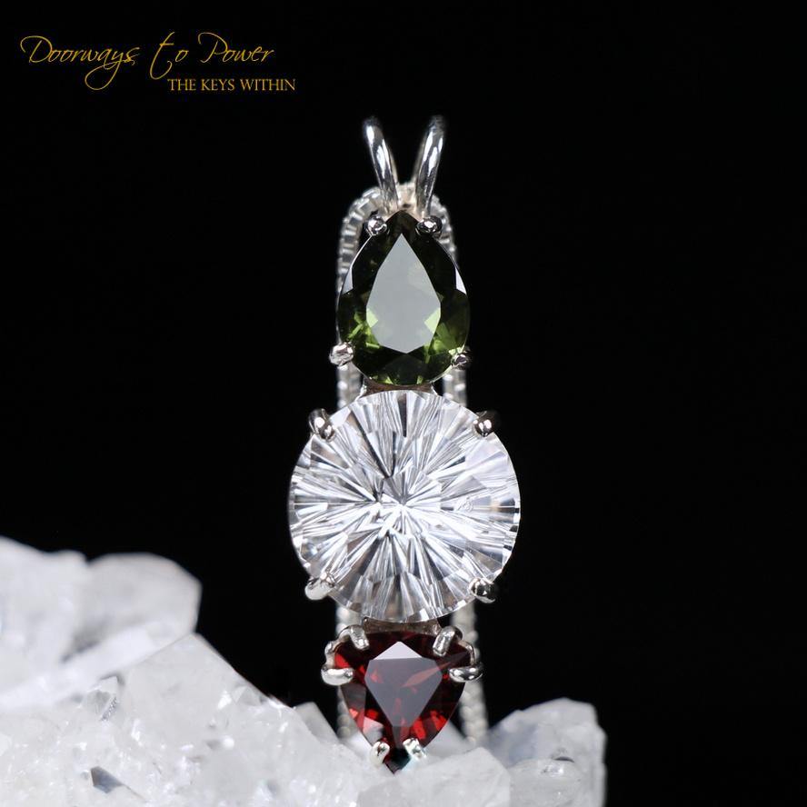 Moldavite Clear Quartz Garnet Super Nova Pendant